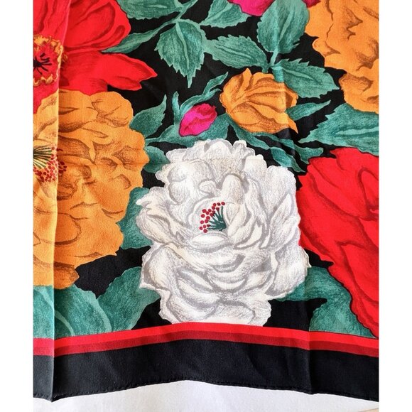 Vintage CORNELIA JAMES SILK Scarf Print Floral Black Red Gold White 30" x 30" - Picture 4 of 7